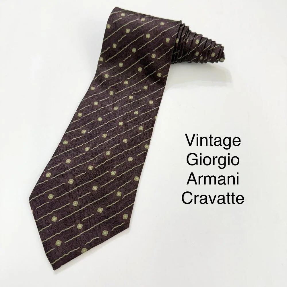 Vintage Giorgio Armani Cravatte All Silk Mens Tie Maroon Taupe Geometric Print